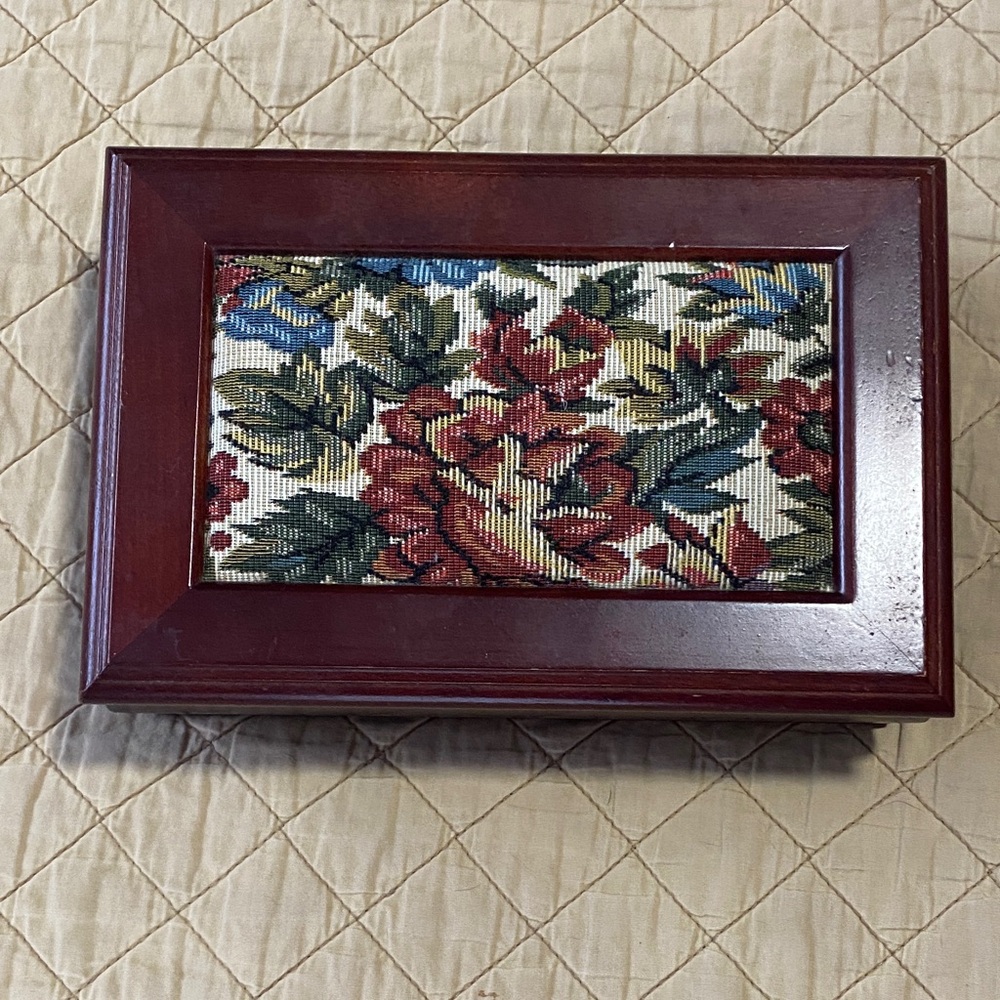 Vintage Floral Tapestry Wooden Jewelry Box
